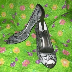 Papell Studio Heels Gray Silver Sparkle Bridal Peep Toe